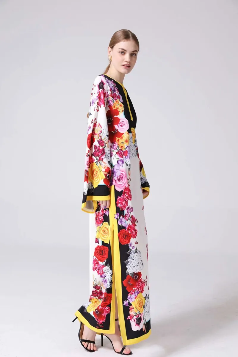 Women's Runway Dresses O Neck Long Sleeves Loose Design Side Split Flora Printed Fashion Casual Maxi Dresses - Image 6