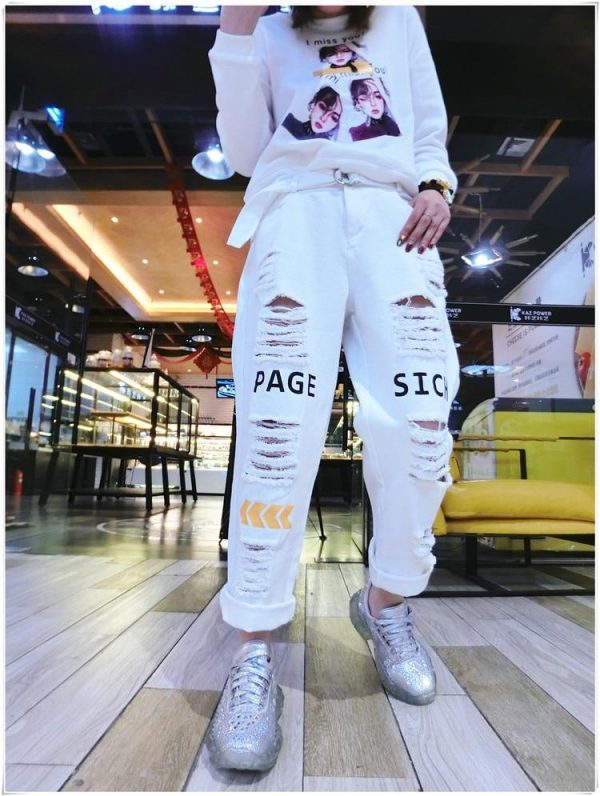 Letter Spliced Women Jeans Holes Pants Loose Candy Color Denim women's pants Autumn Harajuku BF Female Joggers - Takalr