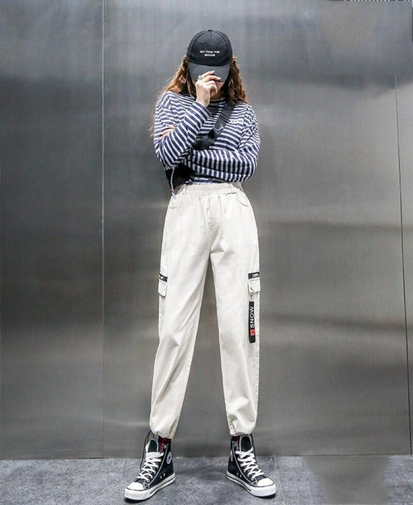 Spring Women Plus Size 2XL Hip Hop Pants  BF Harajuku Loose Cargo Pants Women Ribbon Big Pocket Casual Harem Pants - Takalr