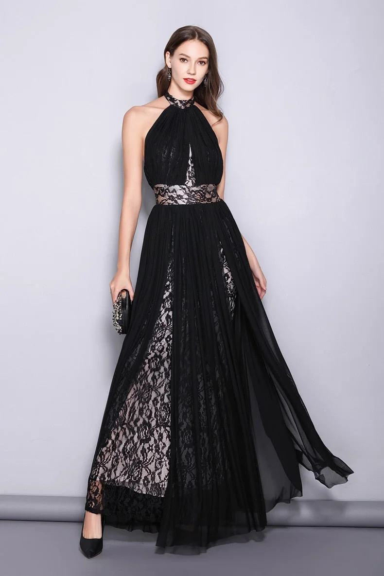 Women's Runway Designer Dresses Sexy Halter Sleeveless Embroidery Lace Open Back Fashion Long Party Prom Maxi Dresses