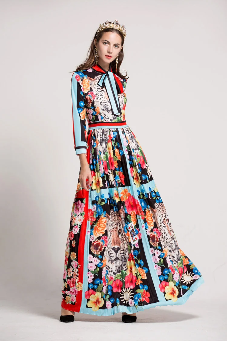Women's O Neck Long Sleeves Bow Detailing Fixed Pattern Floral Printed Striped Pleated Elegant Maxi Runway Dresses - Image 2