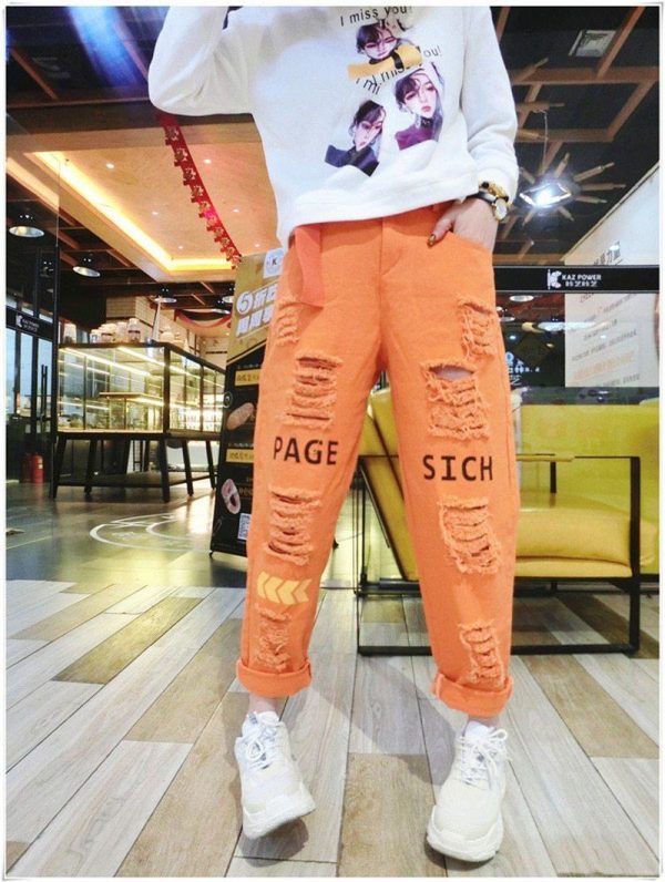 Letter Spliced Women Jeans Holes Pants Loose Candy Color Denim women's pants Autumn Harajuku BF Female Joggers - Takalr