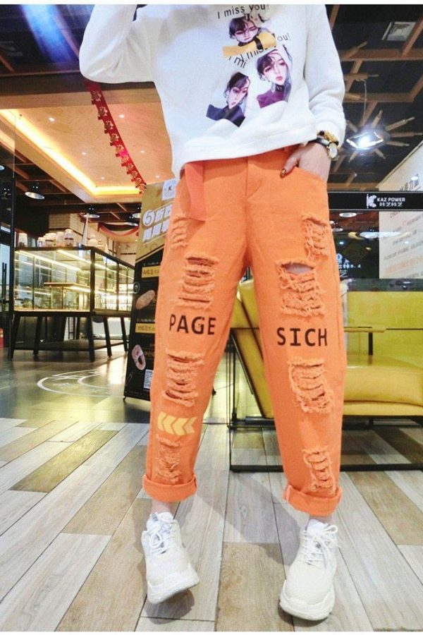 Letter Spliced Women Jeans Holes Pants Loose Candy Color Denim women's pants Autumn Harajuku BF Female Joggers - Takalr