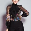 Milan Arrival Spring Women's Ruffles Floral Printed Long Sleeves Elegant Fashion Designer Silk Shirts&Blouses