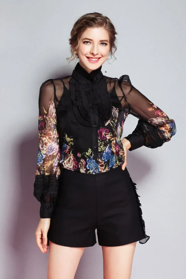 Milan Arrival Spring Women's Ruffles Floral Printed Long Sleeves Elegant Fashion Designer Silk Shirts&Blouses