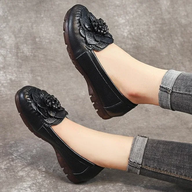 Loafers Genuine Leather Women Flowers Flats Shoes Soft Comfortable - Image 9