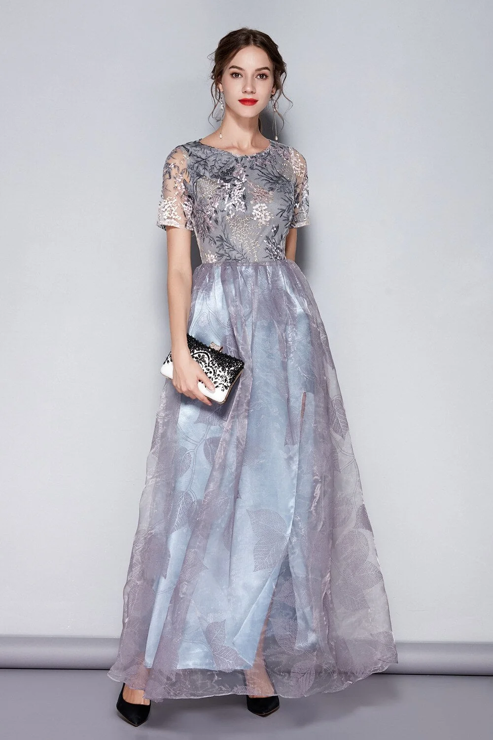 Women's O Neck Short Sleeves Embroidery Layered Elegant Party Dresses Prom Long Maxi Runway Dresses - Image 4