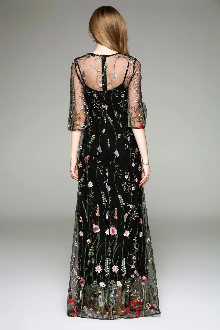 Spring Summer Women's O Neck Long Sleeves Embroidery High Street Runway Maxi Fashion Long Dresses - Image 7