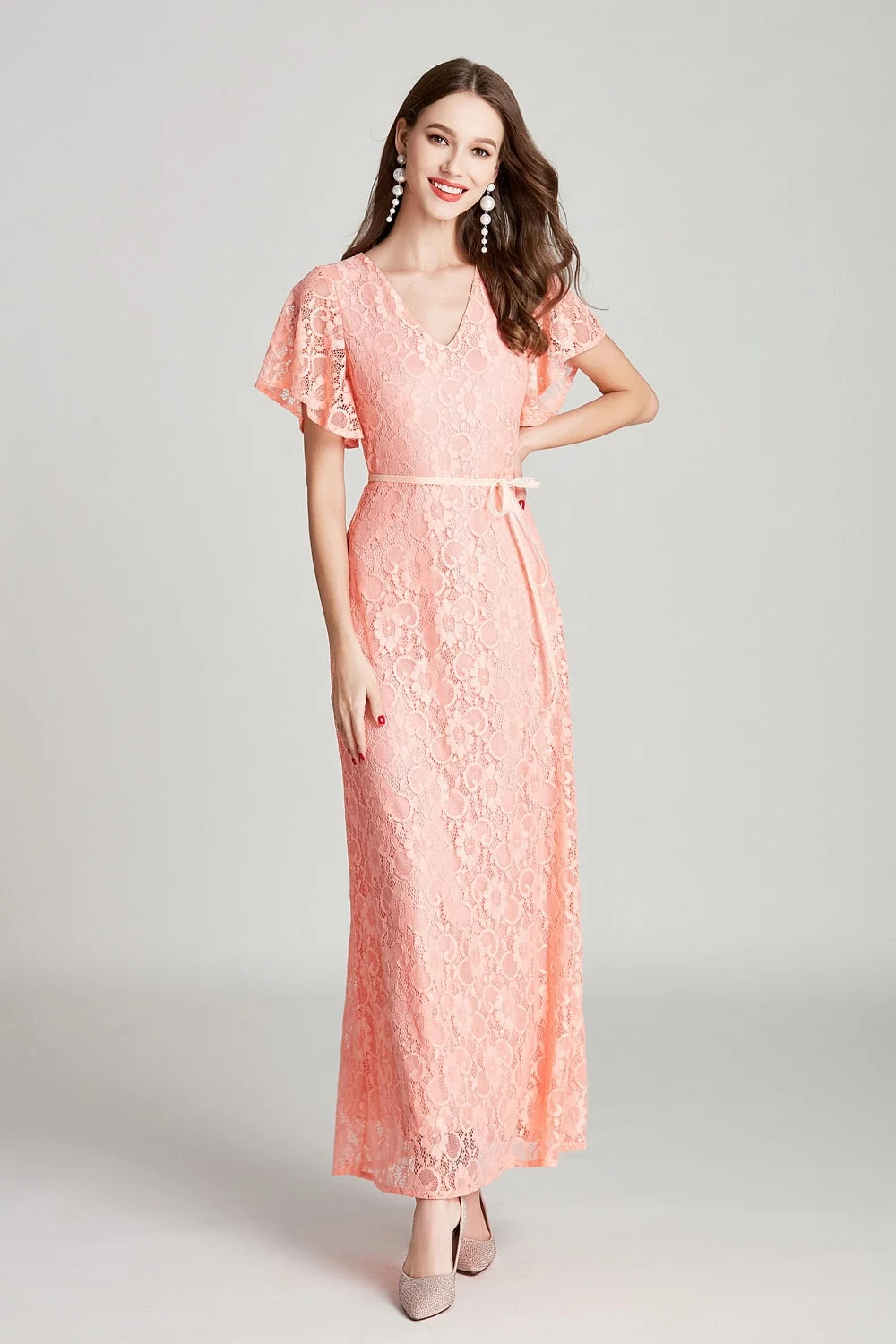 Sexy V Neck Short Sleeves Embroidery Lace Fashion High Street Long Dresses - Image 2