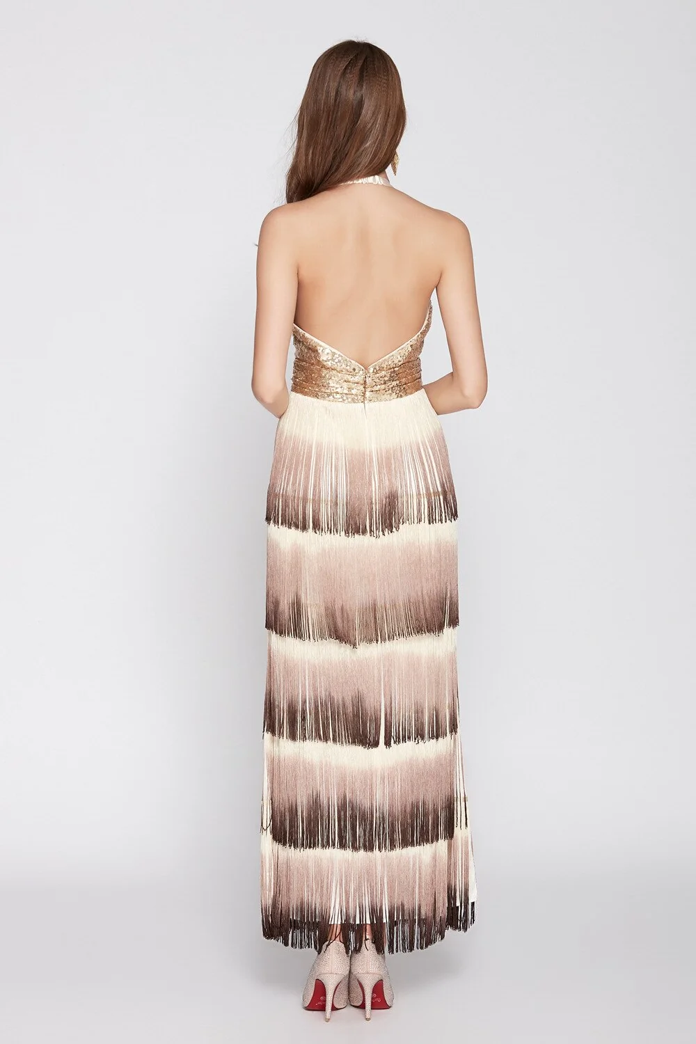 Women's Sexy Halter V Neck Sleeveless Open Back Tiered Tassels Evening Prom Fashion Long Runway Designer Dresses - Image 6