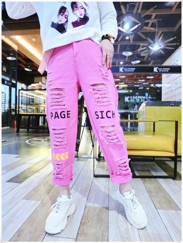 Letter Spliced Women Jeans Holes Pants Loose Candy Color Denim women's pants Autumn Harajuku BF Female Joggers - Takalr