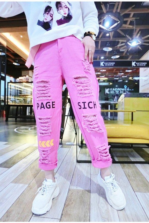 Letter Spliced Women Jeans Holes Pants Loose Candy Color Denim women's pants Autumn Harajuku BF Female Joggers - Takalr