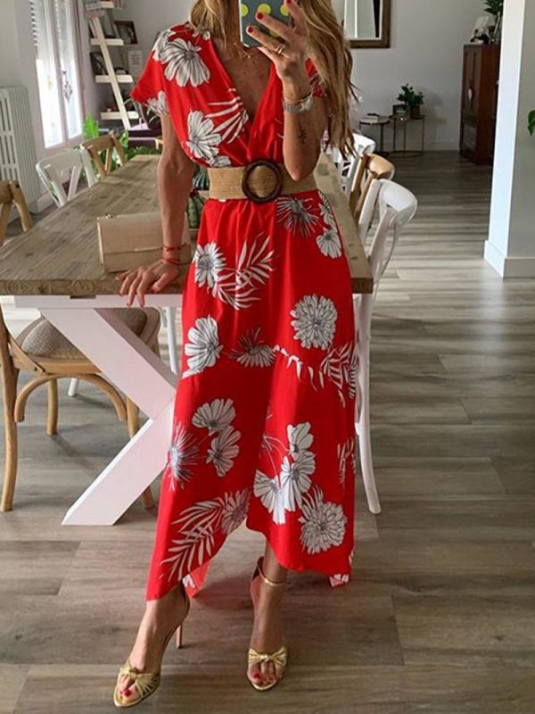 The Best Women V-neck Boho Floral Belted Maxi Dress Summer Ladies Casual Short Sleeve Party Beach Sundress Holiday Clothing Online - Takalr