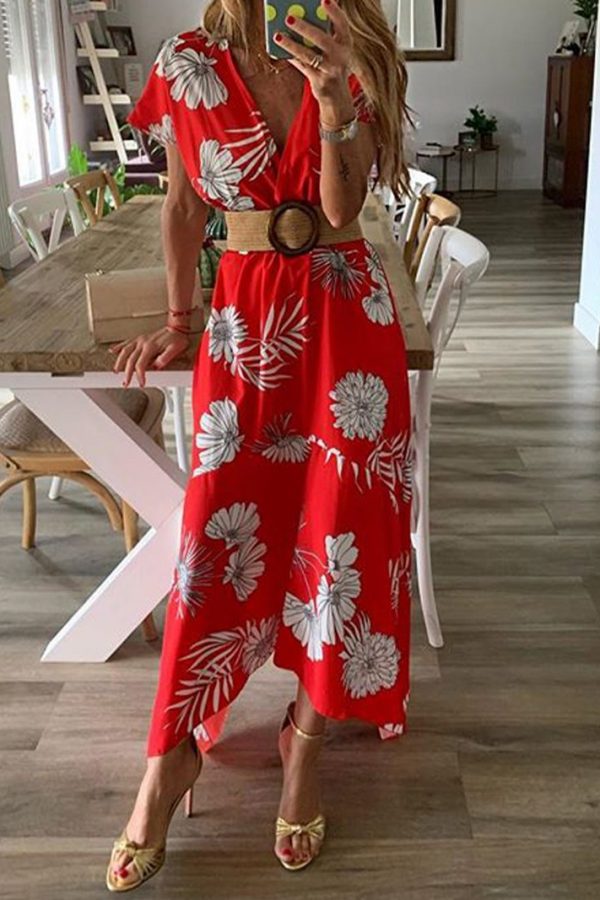 The Best Women V-neck Boho Floral Belted Maxi Dress Summer Ladies Casual Short Sleeve Party Beach Sundress Holiday Clothing Online - Takalr