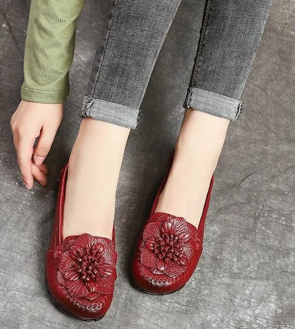 Loafers Genuine Leather Women Flowers Flats Shoes Soft Comfortable