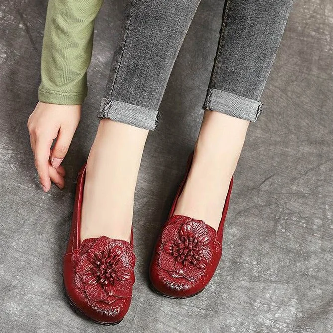 Loafers Genuine Leather Women Flowers Flats Shoes Soft Comfortable