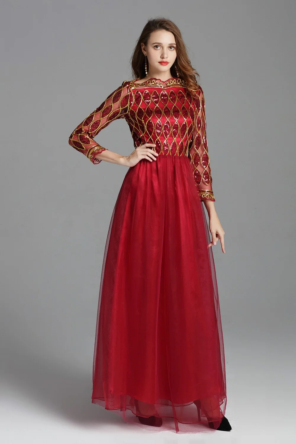 Women's Elegant Runway Dresses Autumn Slash Neckline Embroidery Party Prom Long Sleeves Sequined Fashion Maxi Dresses - Image 2