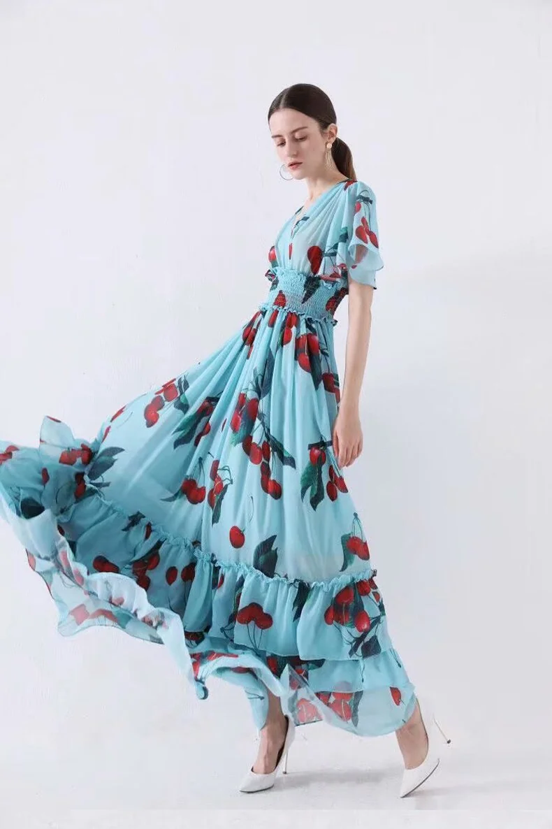Women's Runway Designer Dresses V Neck Flare Sleeves Floral Printed Ruffles Casual Holiday Long Dresses - Image 5
