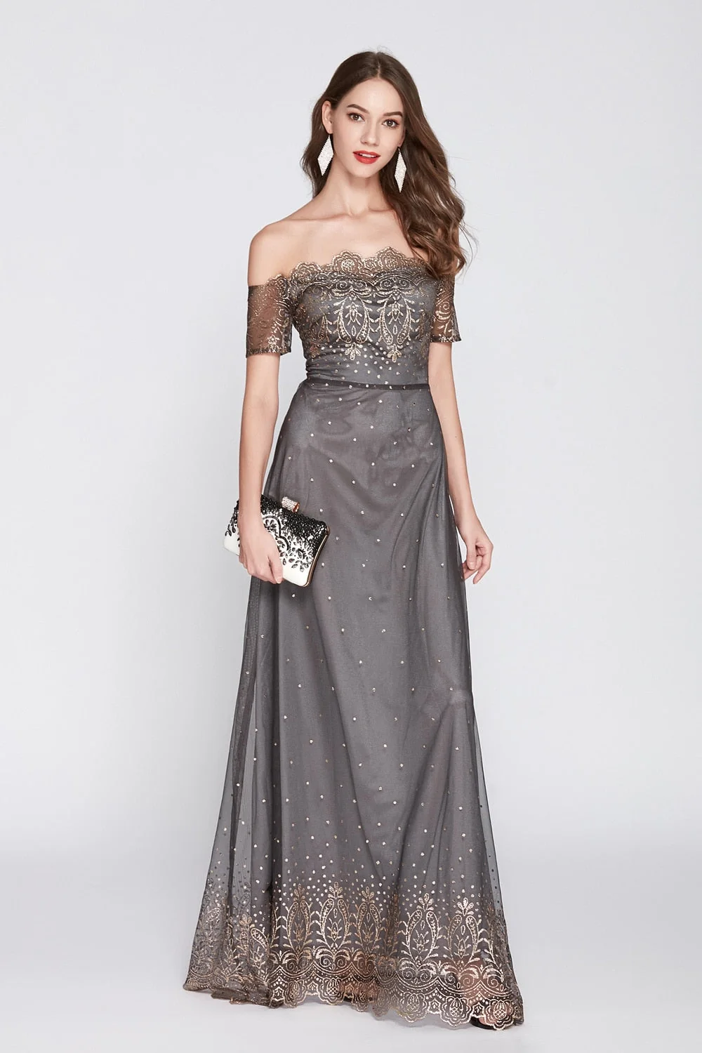 Women's Slash Neckline Sexy Off the Shoulder Embroidery Elegant Party Prom Long Maxi Designer Runway Dresses - Image 3