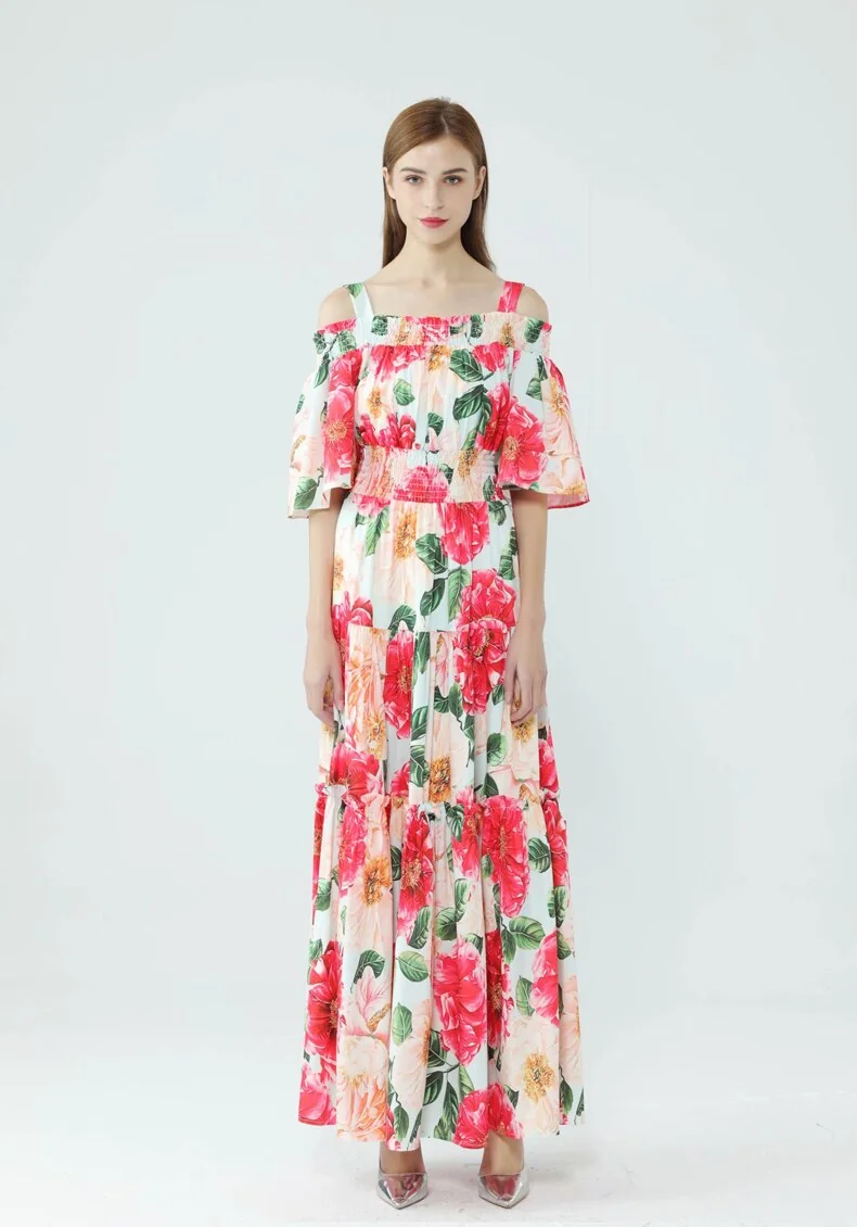 Women's Runway Dresses Spaghetti Straps Slash Neckline Floral Printed Tiered Ruffles Elegant Long Maxi Dresses