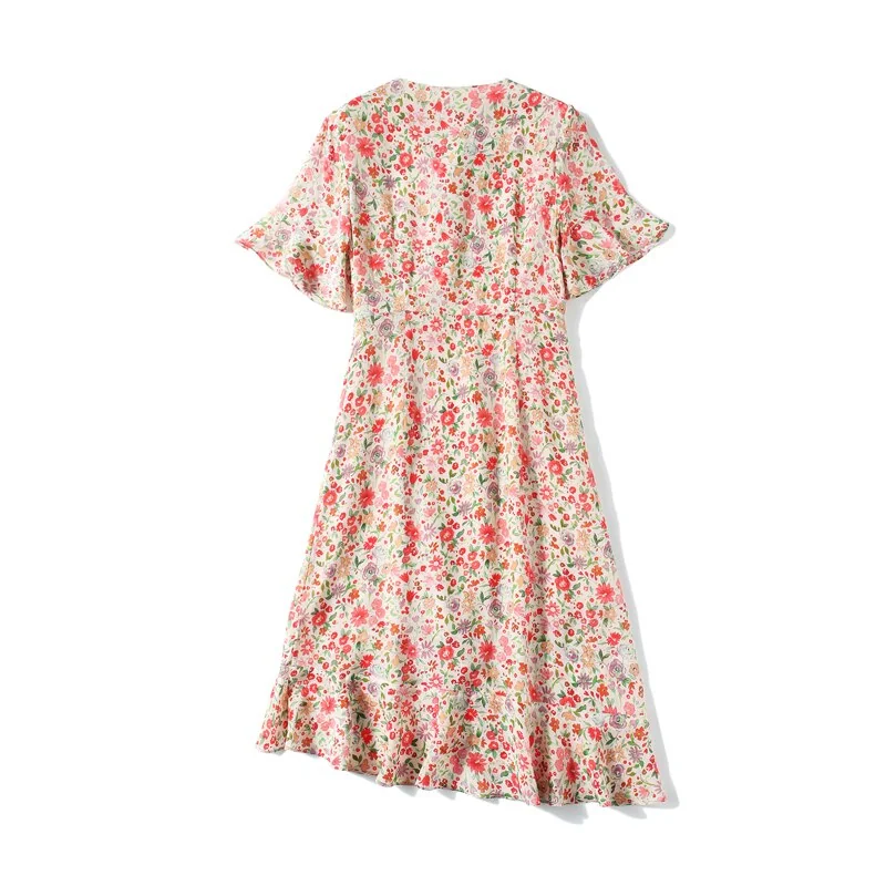 100% Silk Women's Runway Dresses Sexy V Neck Short Flare Sleeves Ruffles Floral Printed Asymmetrical Fashion Casual Dresses - Image 9