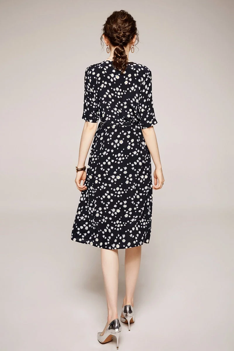 100% Silk Women's Runway Dress Sexy V Neck Short Sleeves Floral Printed Lace Up Fashion Casual Summer Dresses - Image 5