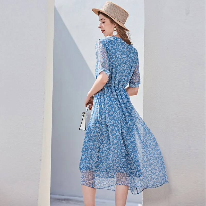 100% Silk Women's Runway Dresses Sexy V Neck Short Sleeves Printed Lace Up Waist Fashion Casual Summer Dresses - Image 3