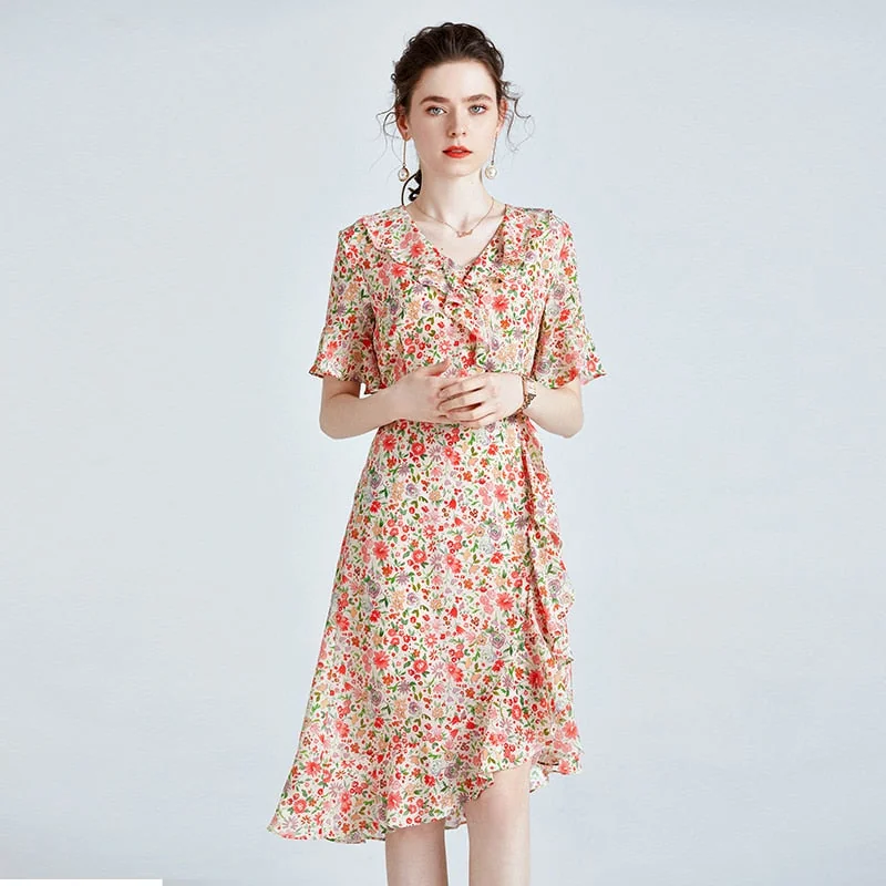 100% Silk Women's Runway Dresses Sexy V Neck Short Flare Sleeves Ruffles Floral Printed Asymmetrical Fashion Casual Dresses - Image 6