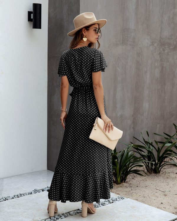 Summer Maxi Dress Women Polka Dot Sexy V Neck Ruffles Short Sleeve Holiday Long Beach Sundress Ladies Lace Up Wrap Party Dresses - Takalr