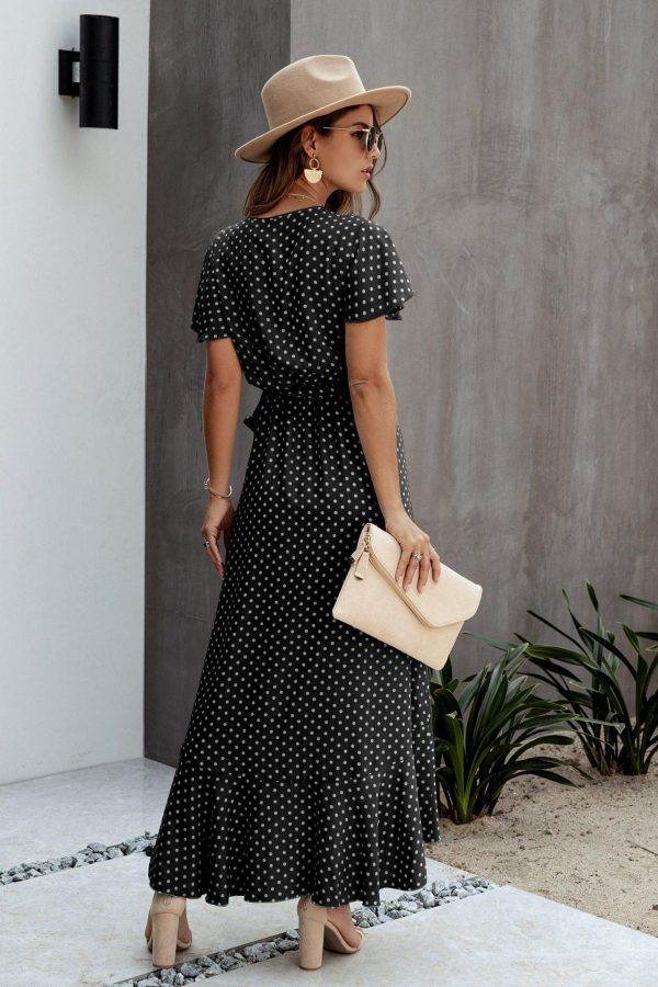 Summer Maxi Dress Women Polka Dot Sexy V Neck Ruffles Short Sleeve Holiday Long Beach Sundress Ladies Lace Up Wrap Party Dresses - Takalr