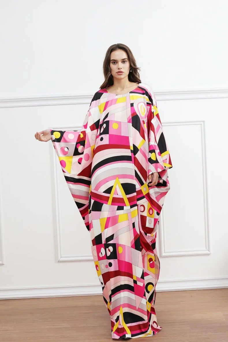 Women's Runway Dresses O Neck Batwing Sleeves Printed Lace Up Elegant Long Spring Robes Dresses Vestidos - Image 7