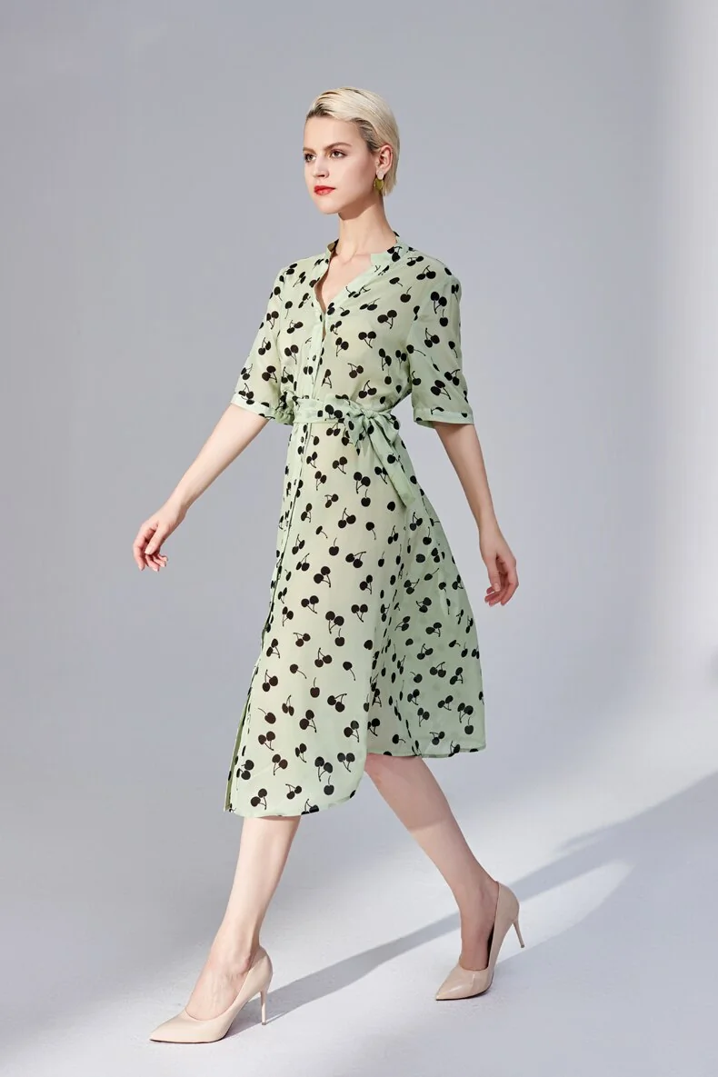 100% Silk Women's Runway Dresses Sexy V Neck Short Sleeves Printed Lace Up Belt Fashion Casual Summer Dresses - Image 4