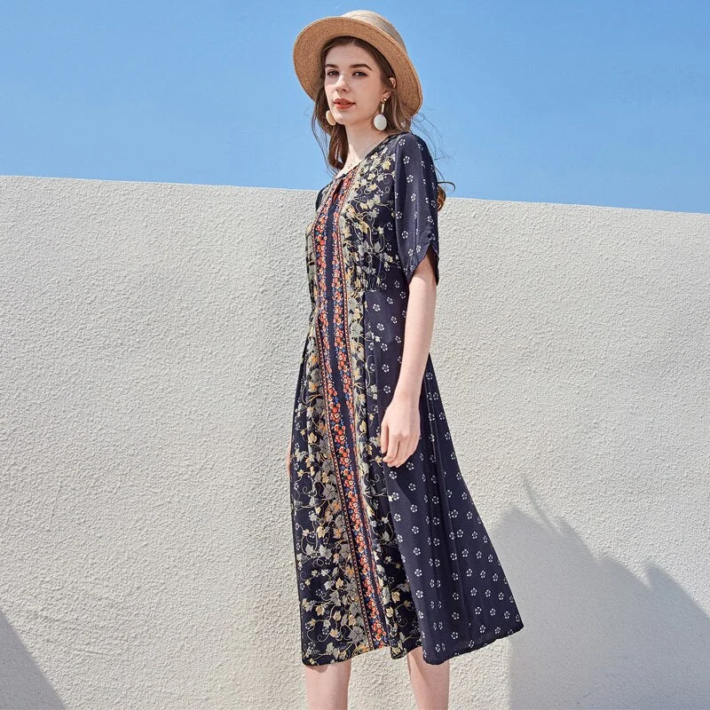 100% Silk Women's Runway Dresses O Neck Short Sleeves Printed Lace Up Fashion Casual Mid Summer Dresses - Image 2