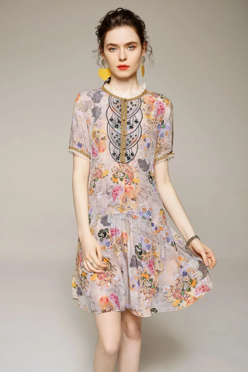 100% Women's Runway Dresses O Neck Ruffles Short Sleeves Embroidrey Lace Patchwork Printed Fashion Floral Dresses - Image 2
