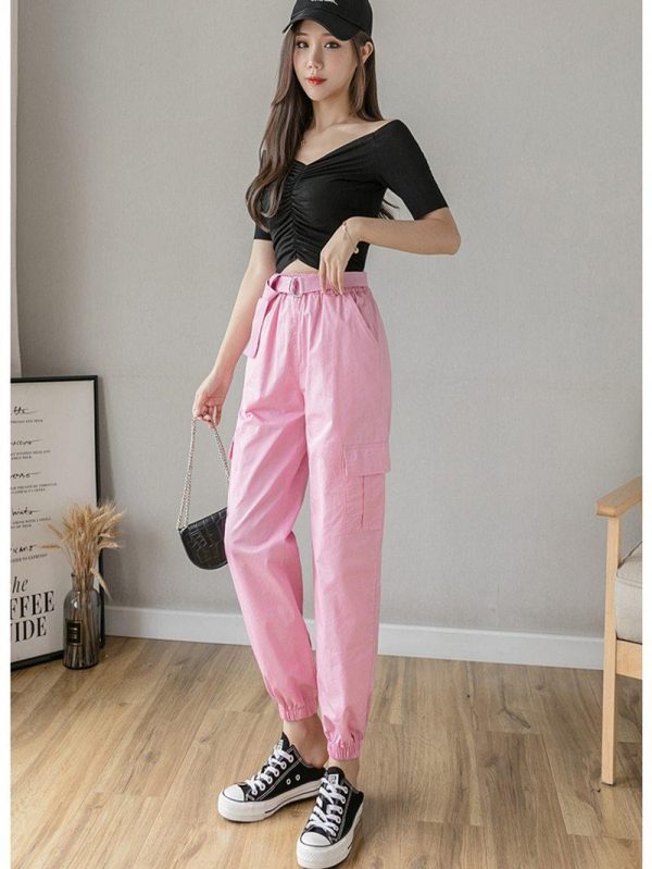 High Waist  Women's Looses Cargo Pants With belt nine-point harem pants Colorfur  high waist pants sashes pockets office pants - Takalr