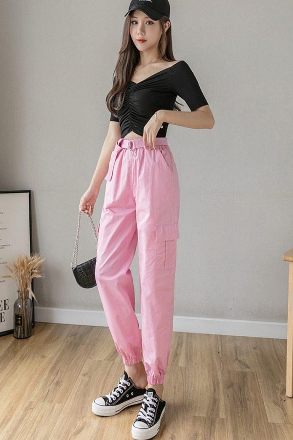 High Waist  Women's Looses Cargo Pants With belt nine-point harem pants Colorfur  high waist pants sashes pockets office pants - Takalr