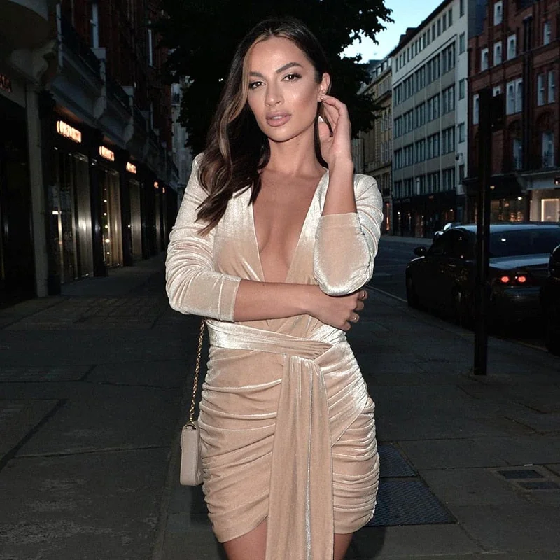 Velvet Sexy Long Sleeve Dresses for Women Party Classy Night Club Outfits Deep V Neck Bodycon Mini Dress C85-CI35 - Image 2