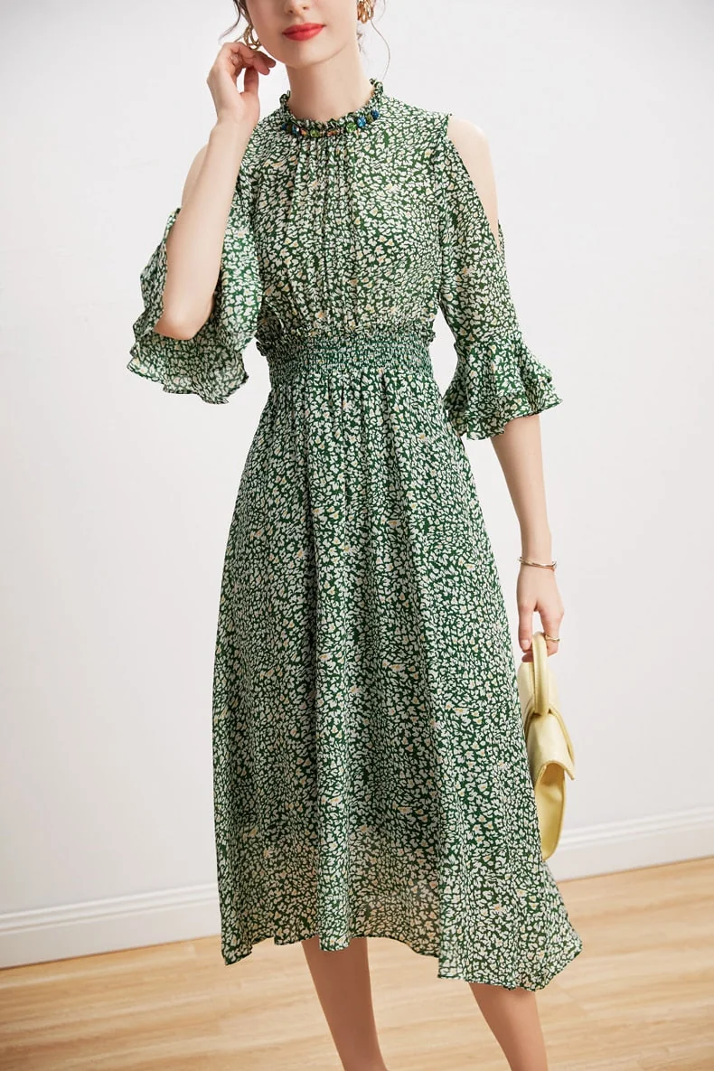 100% Silk Women's Dresses Stand Collar 3/4 Sleeves Off the Shoulder Printed Elgant Holiday Dress