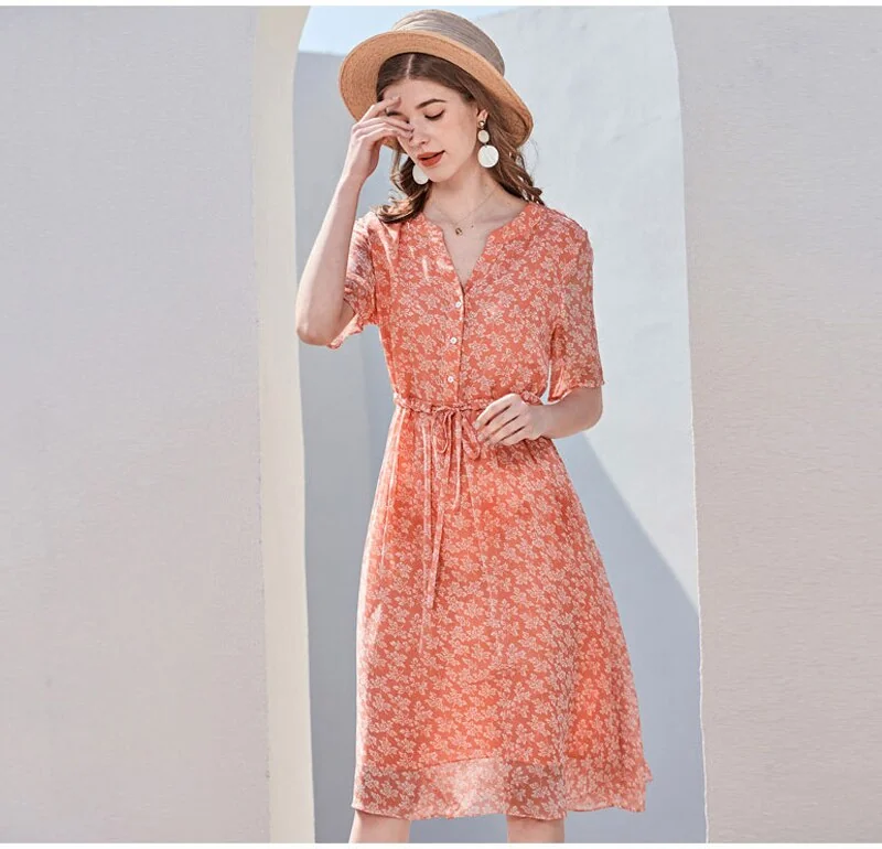 100% Silk Women's Runway Dresses Sexy V Neck Short Sleeves Printed Lace Up Waist Fashion Casual Summer Dresses - Image 6