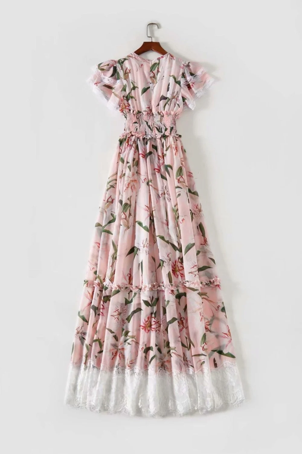 Women's Runway Dresses O Neck Short Flare Sleeves Floral Printed Ruffles Lace Patchwork Long Designer Dresses - Image 10