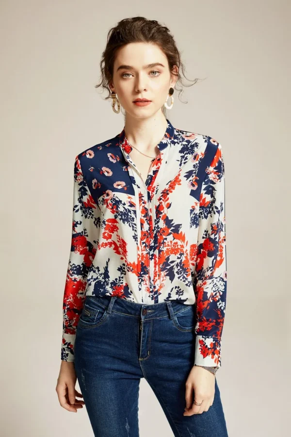 100% Natural Silk Women's Runway Shirt Sexy V Neck Floral Printed Long Sleeves Fashion Spring Summer Blouse Shirt