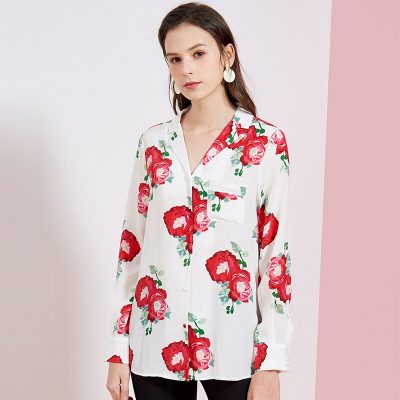 100% Pure Heavy Silk Women's Runway Shirts Notched Collar Long Sleeves Floral Printed Elegant Casual Blouse Shirt