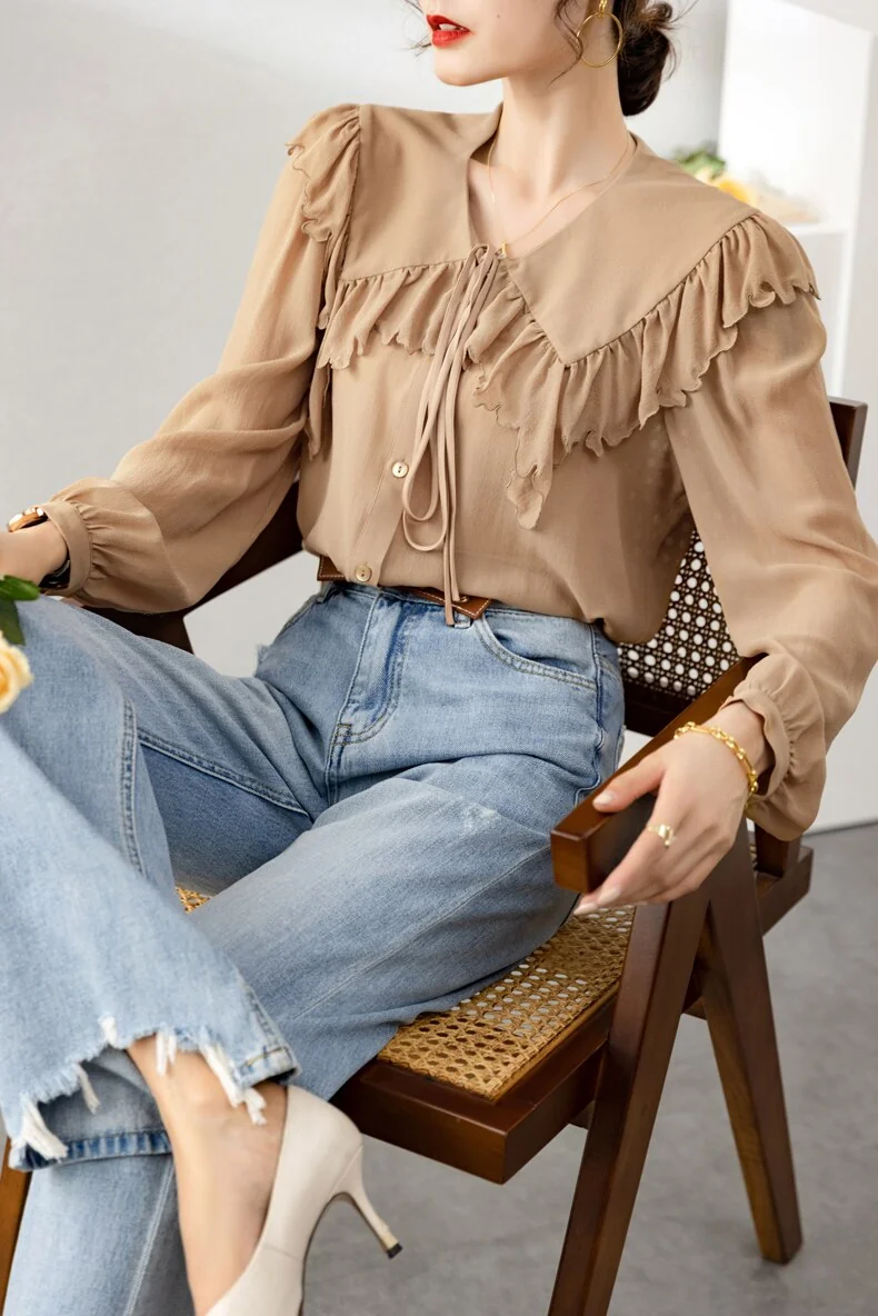 100% Silk Women's Shirt Turn Down Collar Long Sleeves Lace Up Ruffles Elegant Fashion Blouse Tops - Image 9