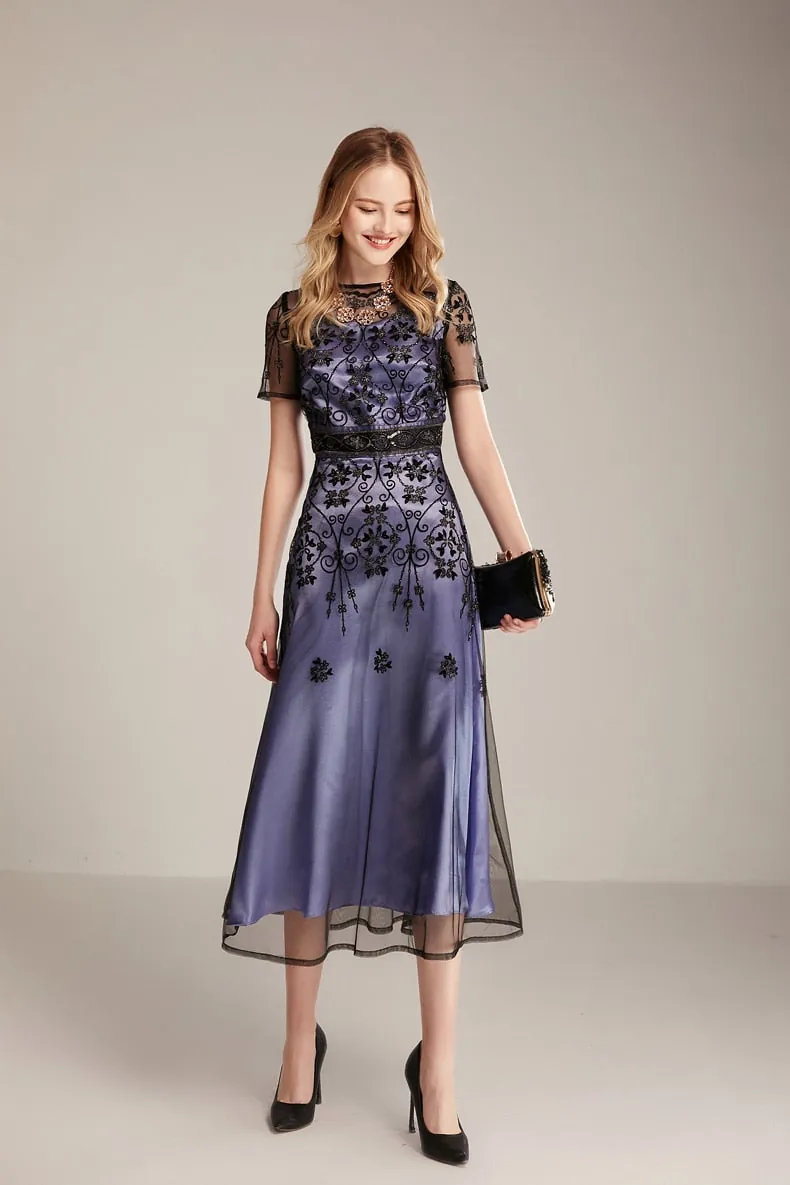 Women's Runway Dresses O Neck Short Sleeves Embroidery Beaded Elegant Fashion Mid Calf Dresses - Image 2