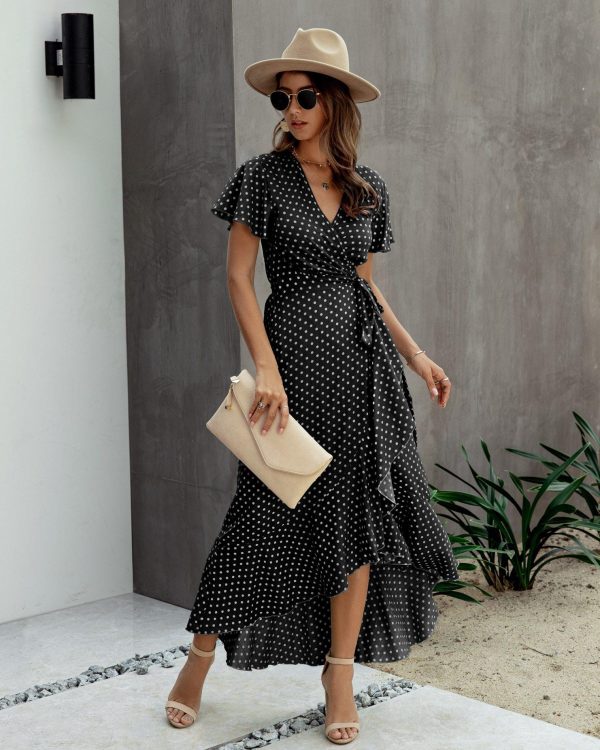 Summer Maxi Dress Women Polka Dot Sexy V Neck Ruffles Short Sleeve Holiday Long Beach Sundress Ladies Lace Up Wrap Party Dresses - Takalr