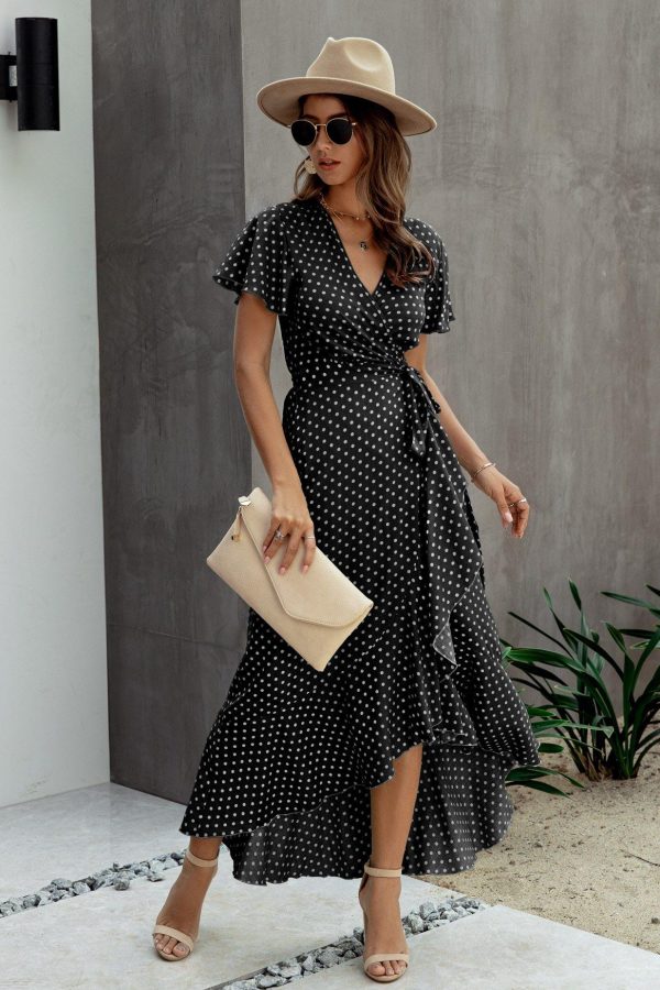 Summer Maxi Dress Women Polka Dot Sexy V Neck Ruffles Short Sleeve Holiday Long Beach Sundress Ladies Lace Up Wrap Party Dresses - Takalr