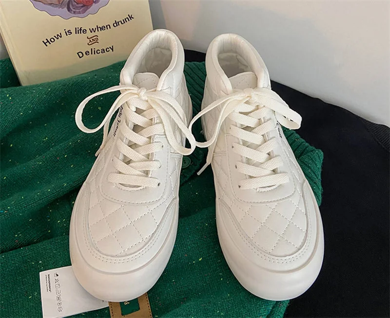 Women Shoes Autumn White PU Leather Sneakers Fashion Platform Sport Shoes Plaid Lace-up Casual Comfy Ankle Boots - Image 15
