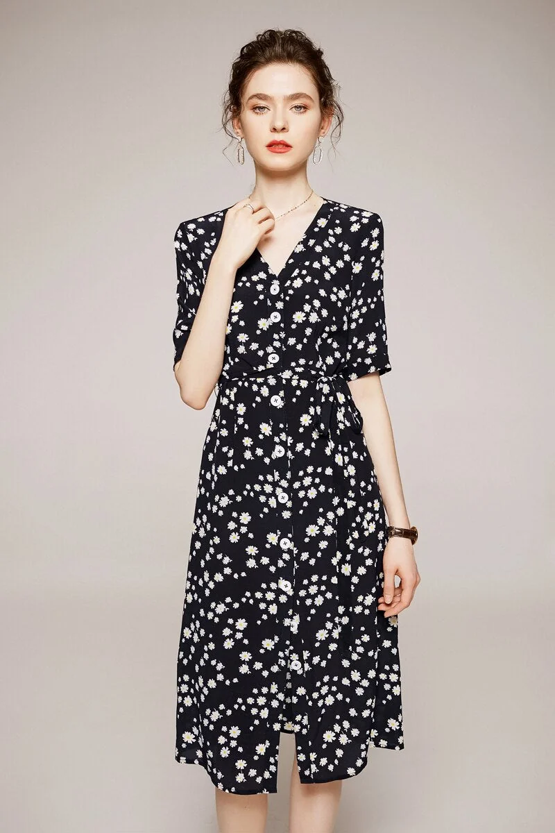 100% Silk Women's Runway Dress Sexy V Neck Short Sleeves Floral Printed Lace Up Fashion Casual Summer Dresses - Image 2