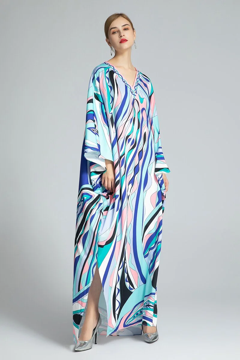 Women's Runway Dresses Sexy V Neck Batwing Sleeves Printed Knitted Loose Design Long Spit Fashion Dresses - Image 6