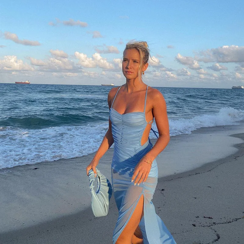 Sexy High Split Open Back Maxi Dress Blue Red Mesh Elegant Party Nightclub Bodycon Long Dresses Beachwear C85-CD20 - Image 6
